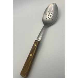 VINTAGE EKCO USA  Stainless Steel w/Wooden Handle Slotted Straining Spoon USA 9"